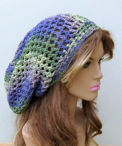 Purple Green Cotton Slouchy Beanie or Dread Tam Handmade Dreadlocks Hat